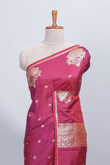 Intense hot pink floral zari motifs design semi soft silk saree with self border and matching blouse