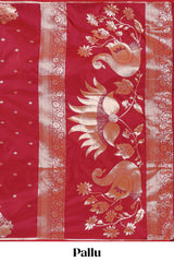 Red colour Semi soft silk withgold zari floral motifs border with peacock motifs and matching blouse