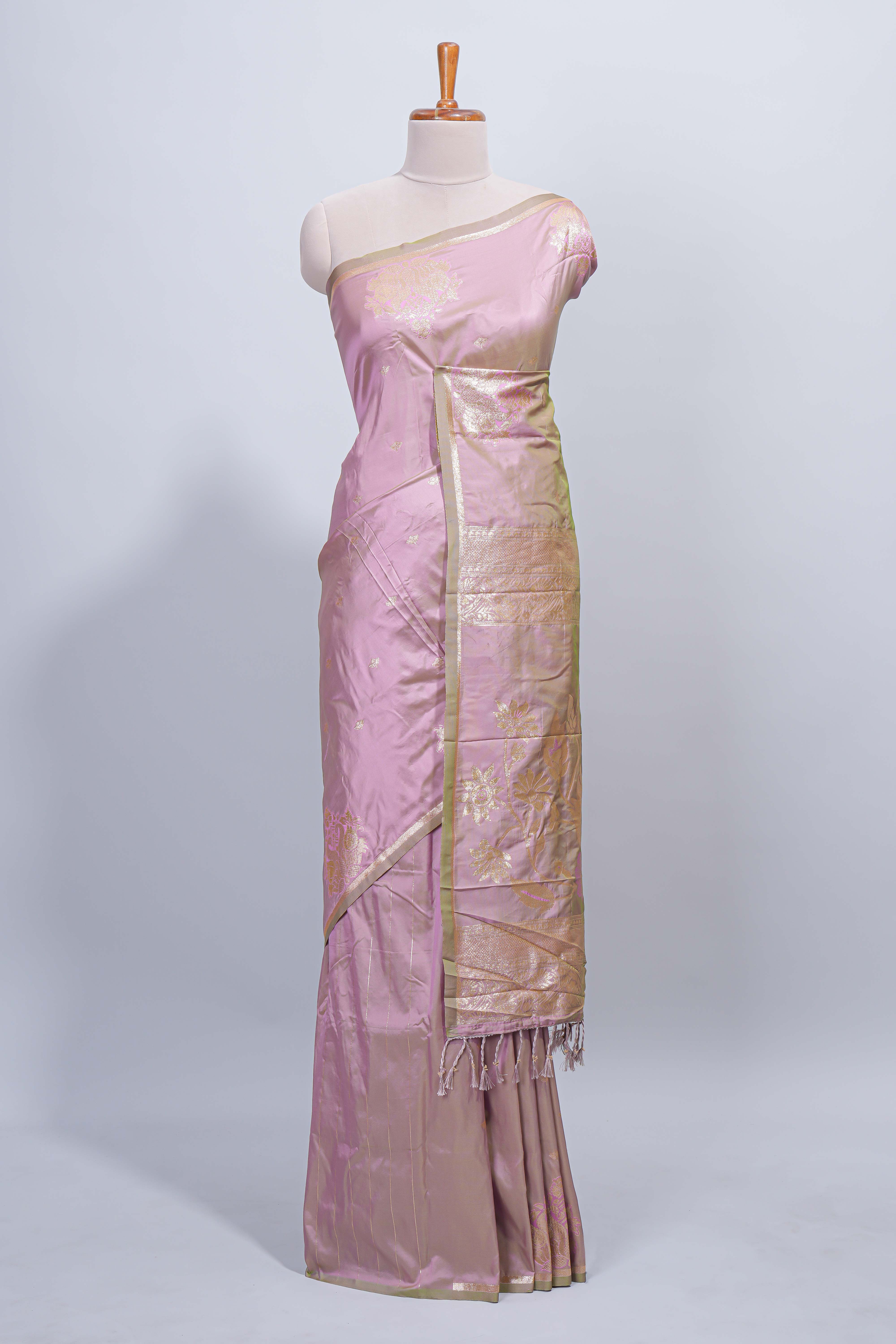 Soft lavender floral zari motifs design semi soft silk saree with self border and matching blouse