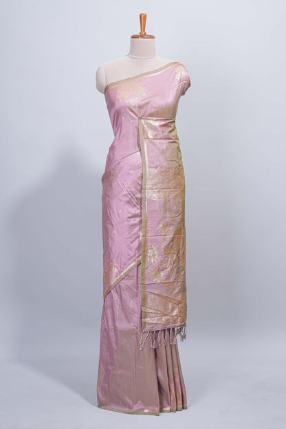 Soft lavender floral zari motifs design semi soft silk saree with self border and matching blouse