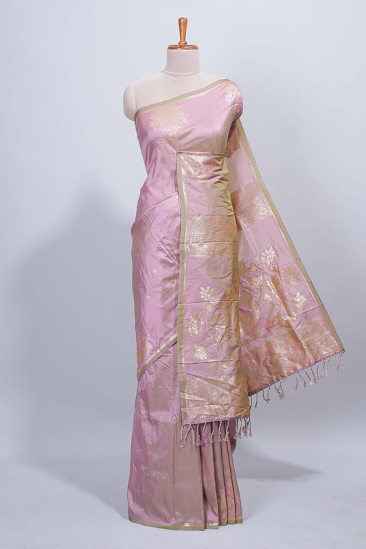 Soft lavender floral zari motifs design semi soft silk saree with self border and matching blouse