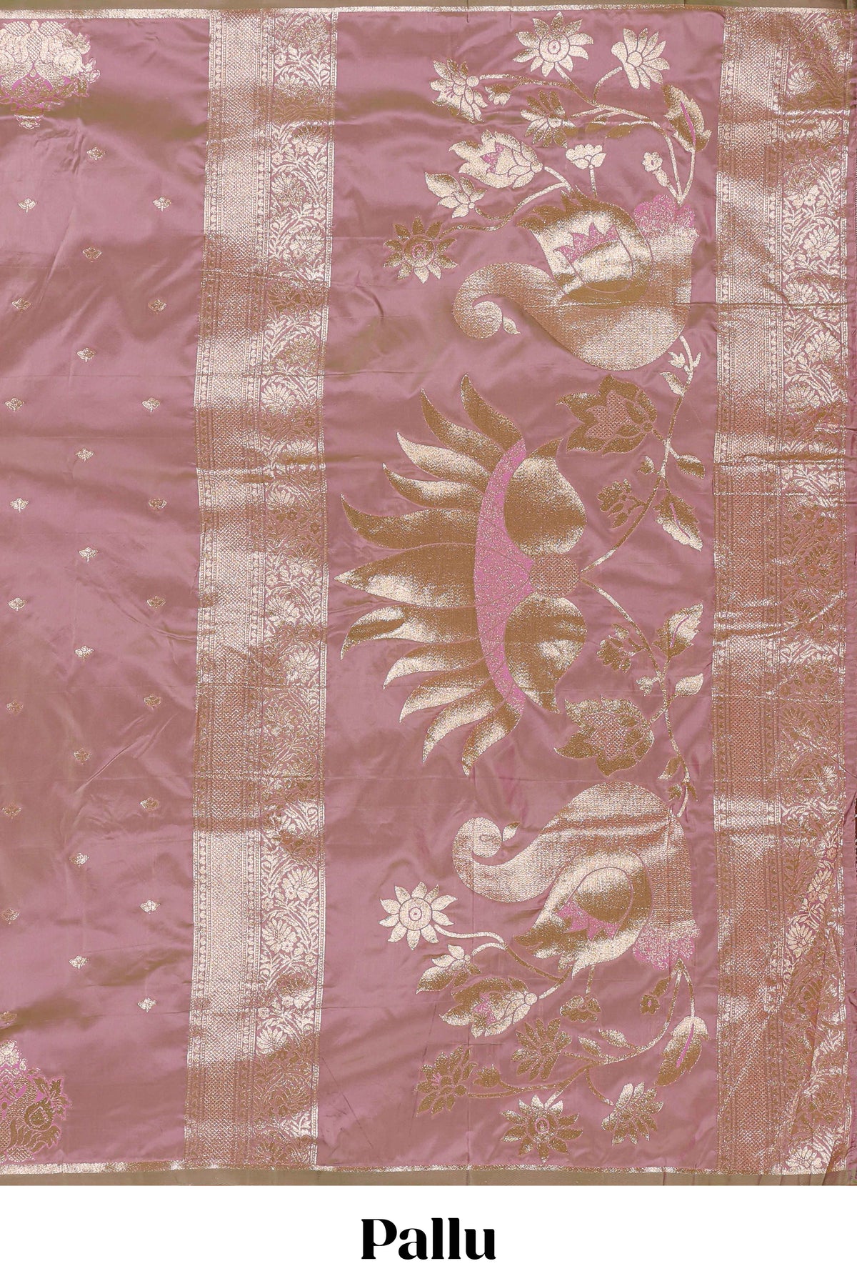 Peach colour Semi soft silk with  gold zari floral motifs border with peacock motifs and matching blouse