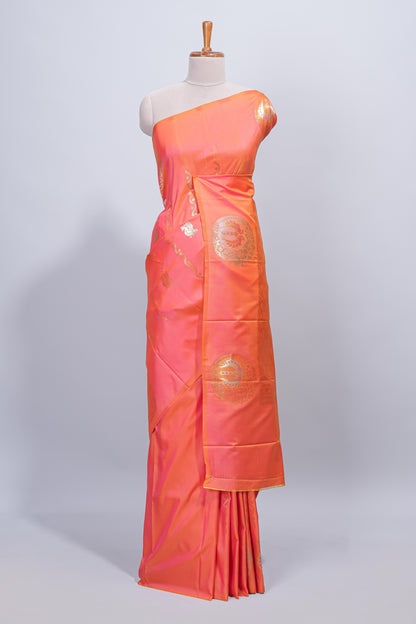 Orange floral zari motifs design semi soft silk saree with self border and matching blouse