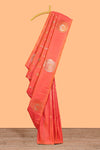 Orange colour Semi soft silk withgold zari floral motifs border with peacock motifs and matching blouse