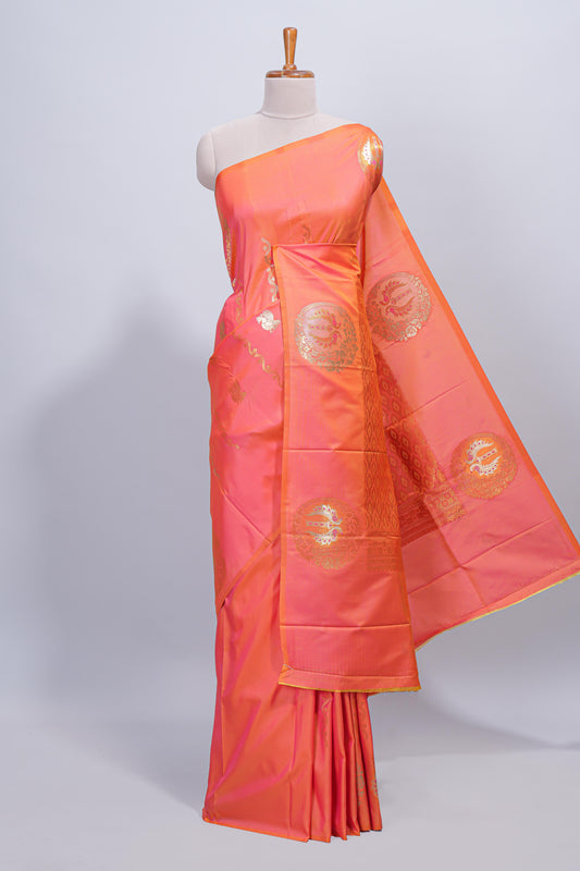 Orange floral zari motifs design semi soft silk saree with self border and matching blouse
