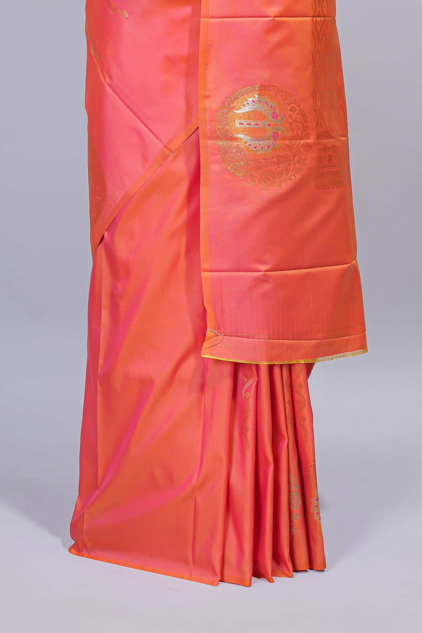 Orange floral zari motifs design semi soft silk saree with self border and matching blouse