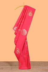 Pink colour Semi soft silk withgold zari floral motifs border with Vaira oosi Design and matching blouse