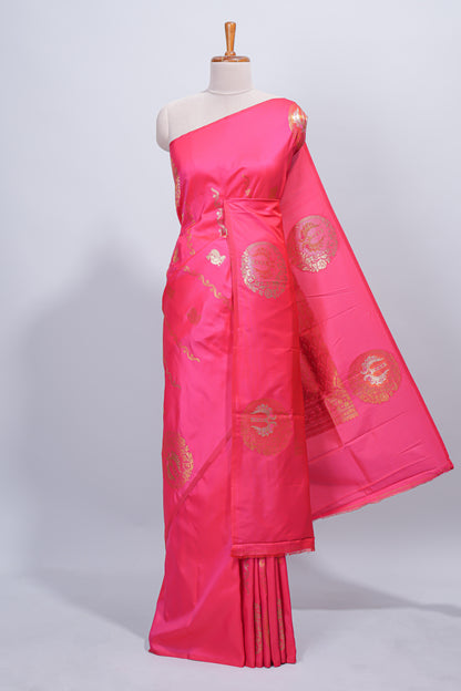 Pink floral zari motifs design semi soft silk saree with self border and matching blouse