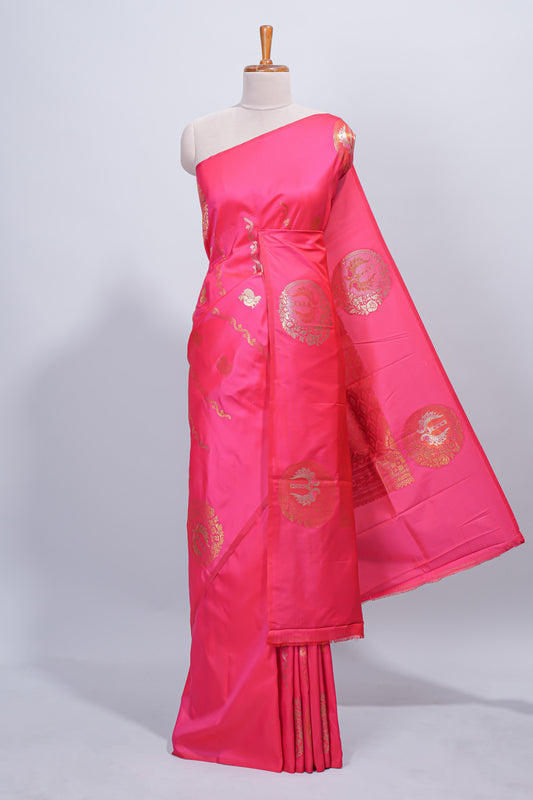 Pink floral zari motifs design semi soft silk saree with self border and matching blouse