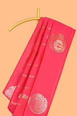 Pink colour Semi soft silk withgold zari floral motifs border with Vaira oosi Design and matching blouse