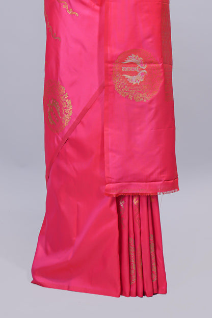Pink floral zari motifs design semi soft silk saree with self border and matching blouse
