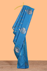 Blue colour Semi soft silk withgold zari floral motifs border with Vaira oosi Design and matching blouse