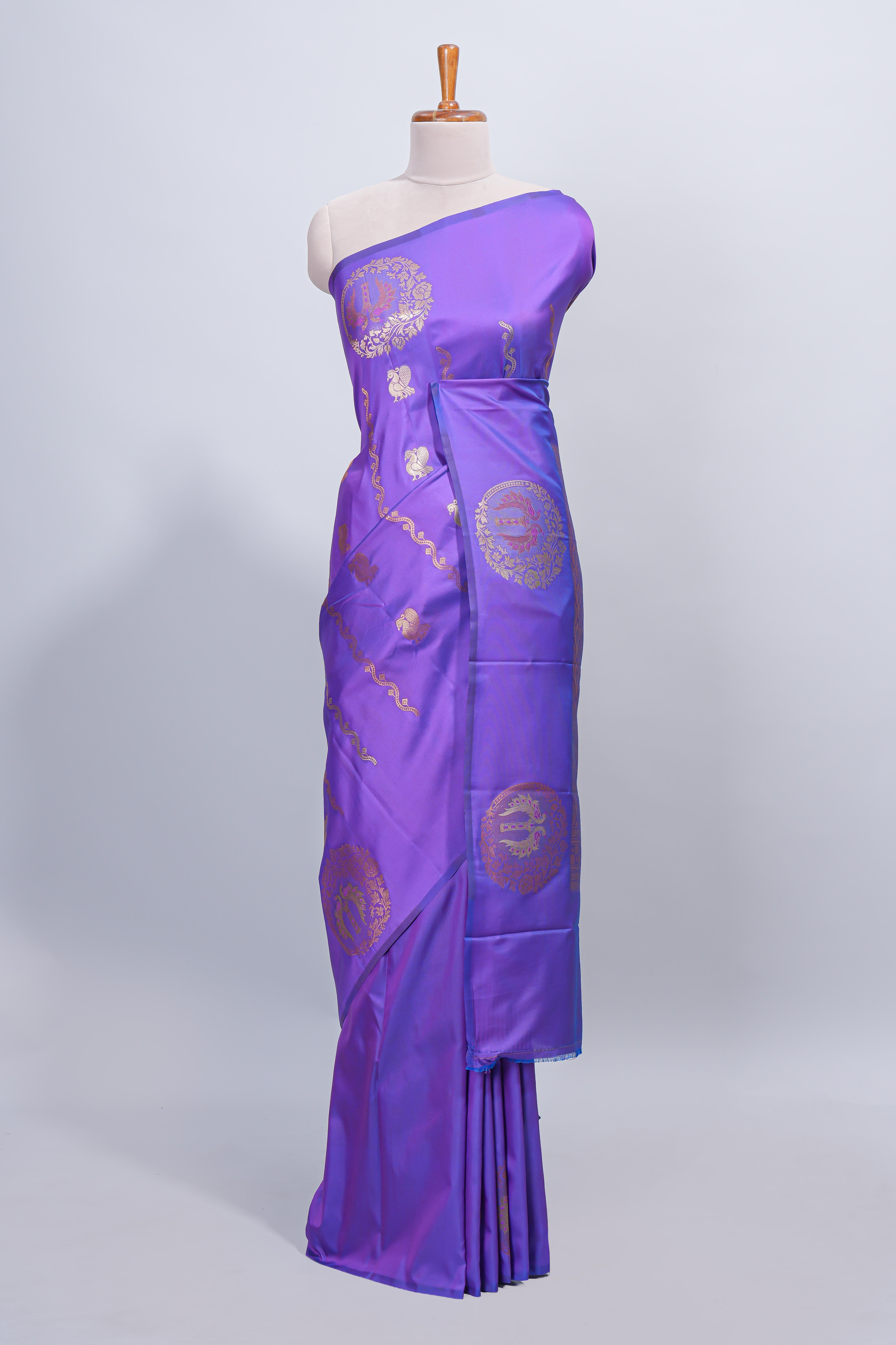 Violet zari motifs design semi soft silk saree with self border and matching blouse