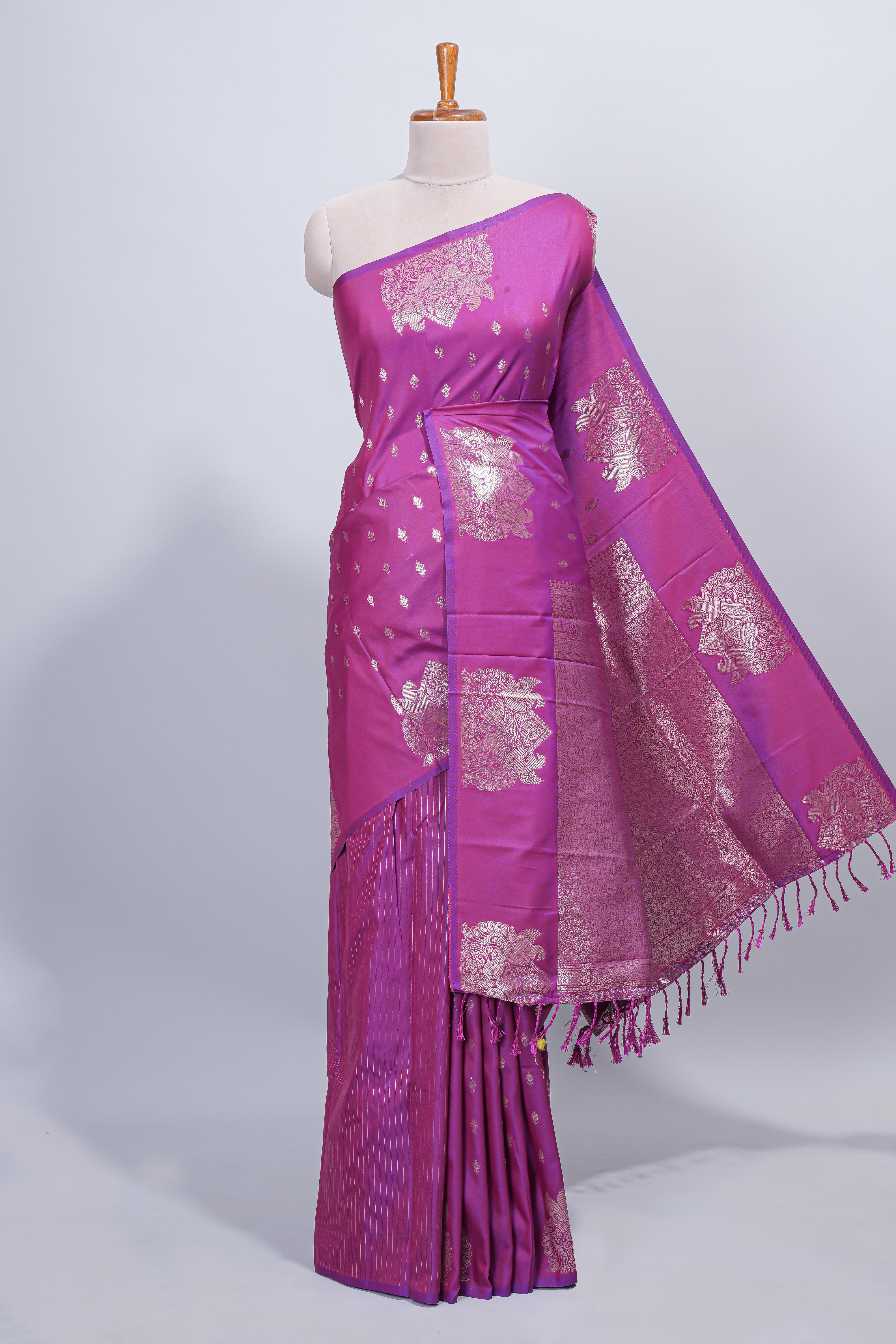 Purple zari motifs design semi soft silk saree with self border and matching blouse