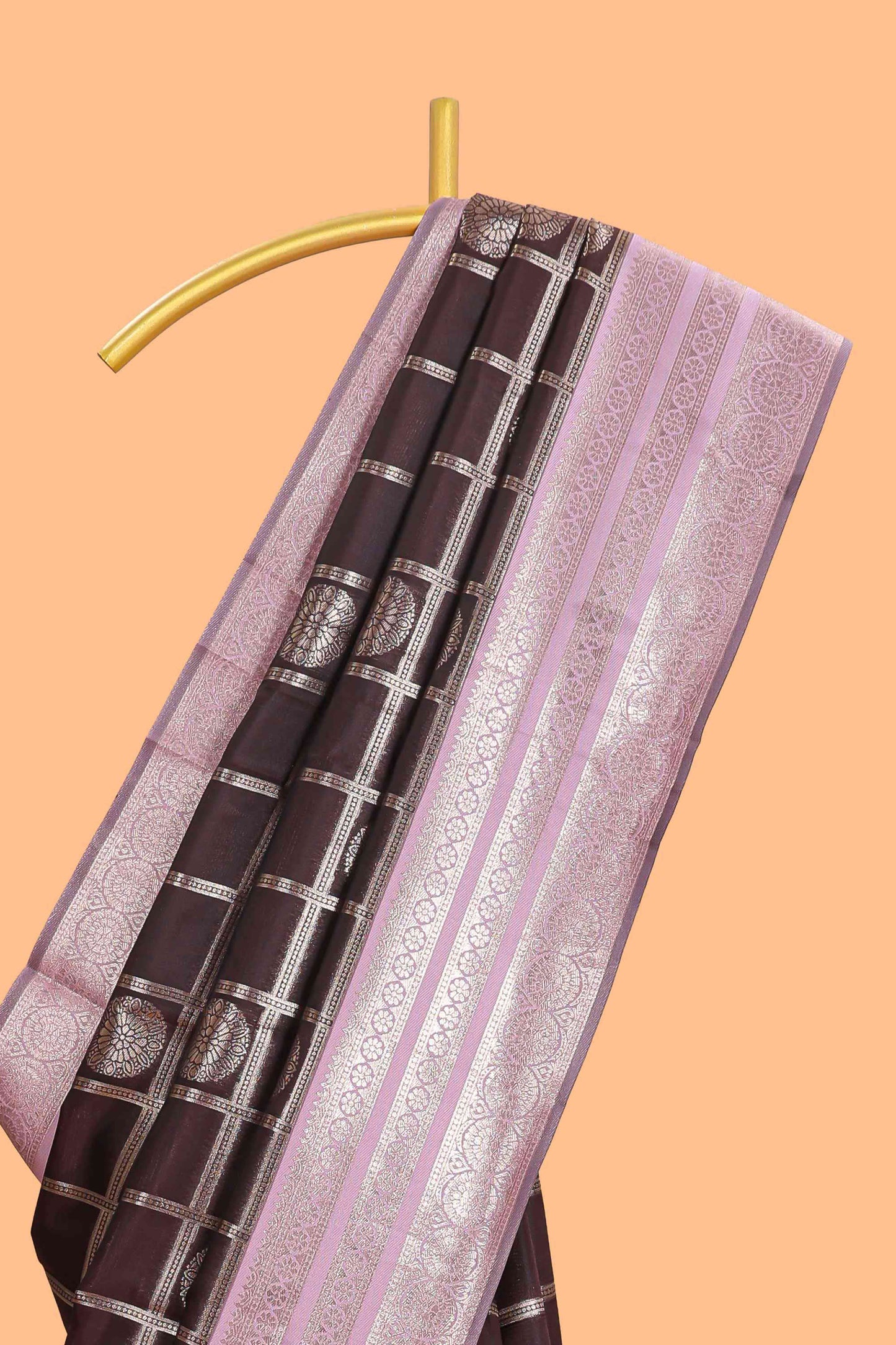 Dark brown checked floral motifs design semi soft silk saree with contrast border and blouse