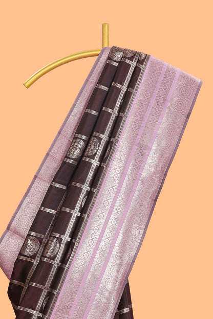 Dark brown checked floral motifs design semi soft silk saree with contrast border and blouse