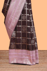 Dark brown checked floral motifs design semi soft silk saree with contrast border and blouse