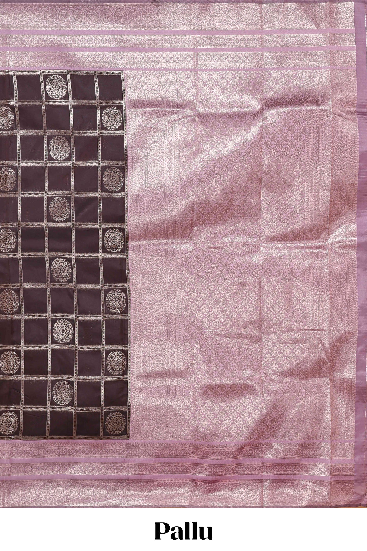 Dark brown checked floral motifs design semi soft silk saree with contrast border and blouse
