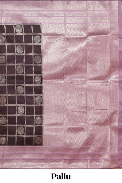 Dark brown checked floral motifs design semi soft silk saree with contrast border and blouse