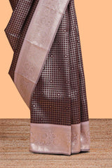 Dark brown checked floral motifs design semi soft silk saree with contrast border and blouse