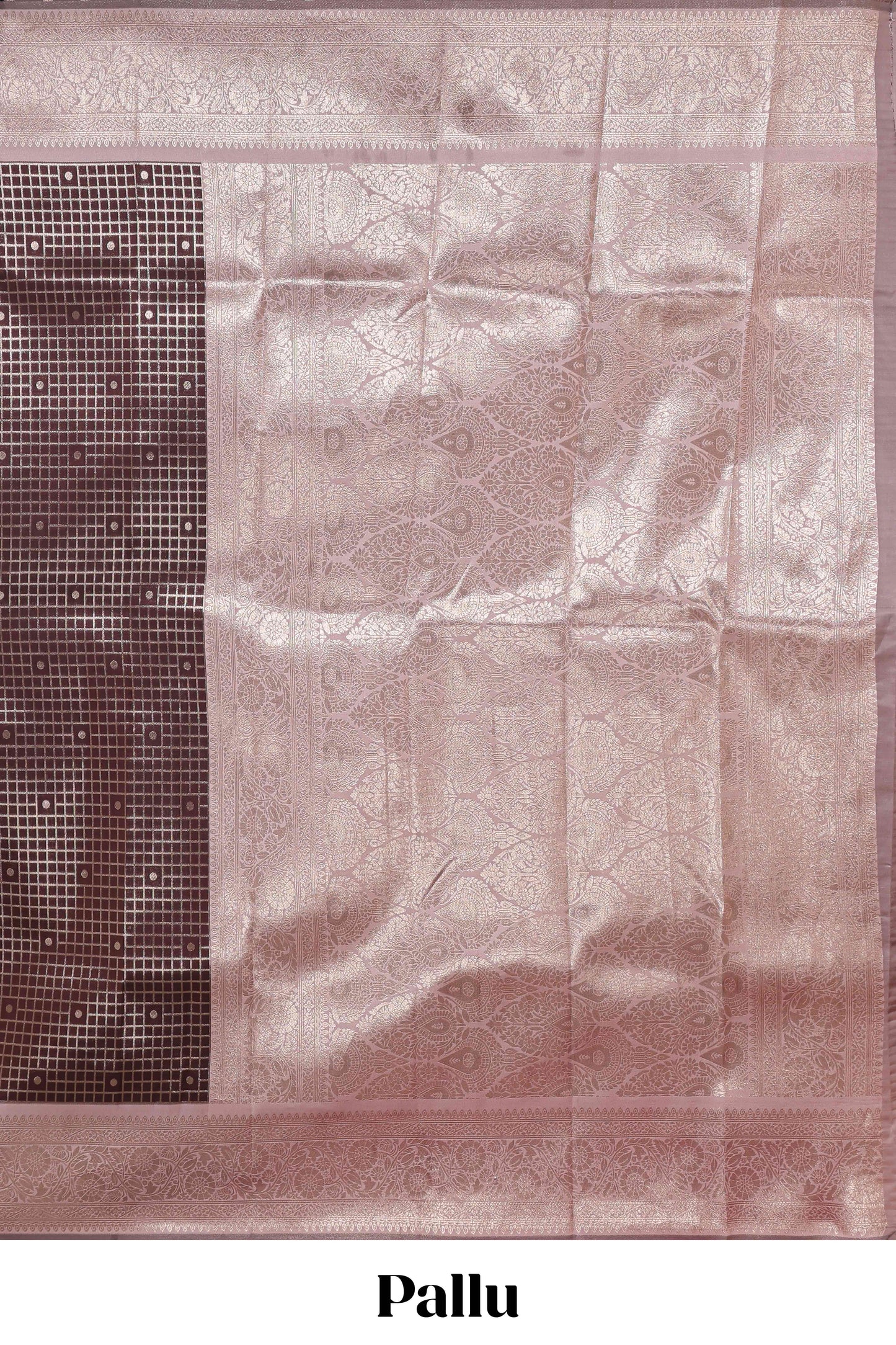 Dark brown checked floral motifs design semi soft silk saree with contrast border and blouse