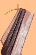 Dark brown checked floral motifs design semi soft silk saree with contrast border and blouse