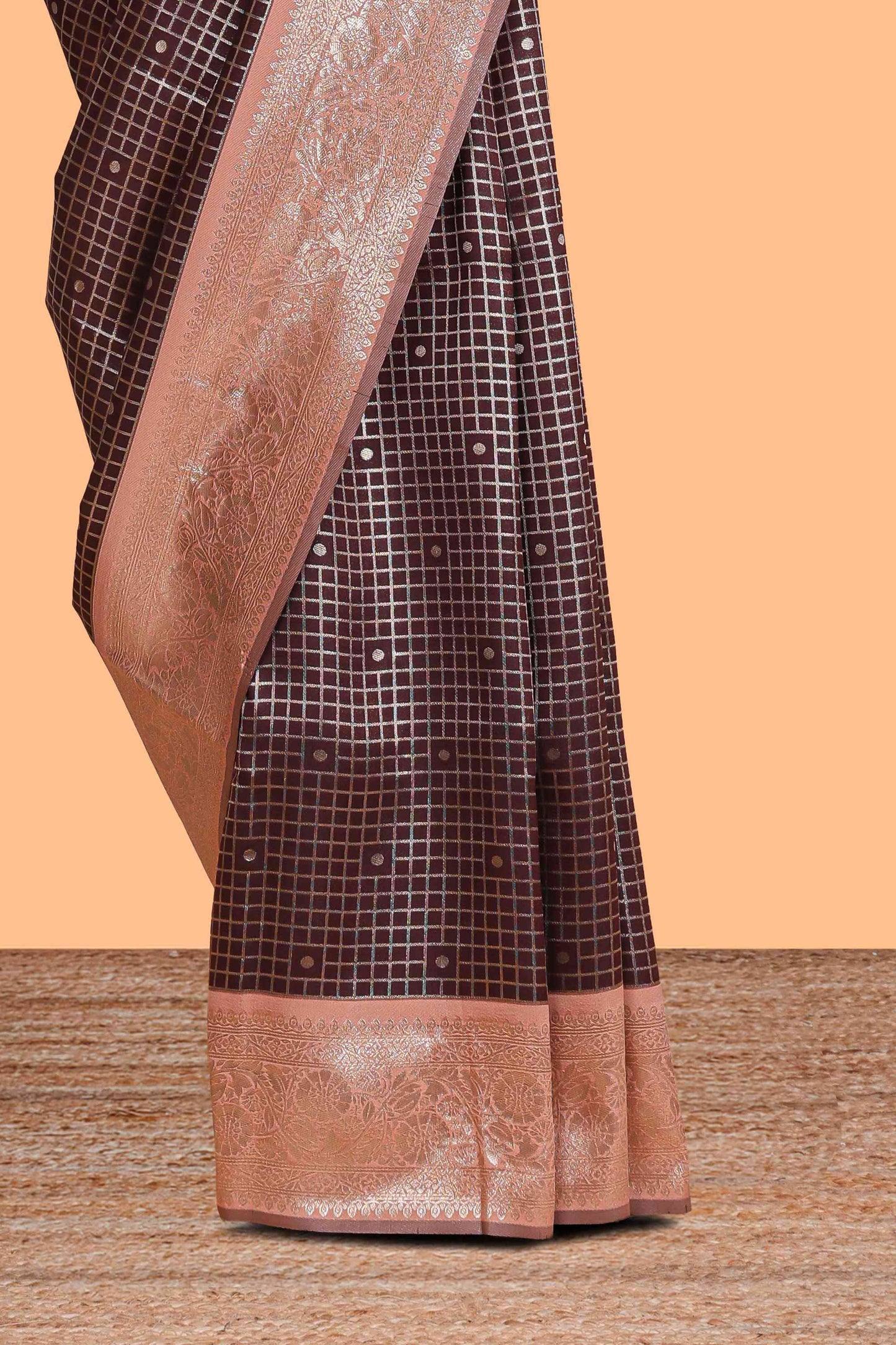 Dark brown checked floral motifs design semi soft silk saree with contrast border and blouse