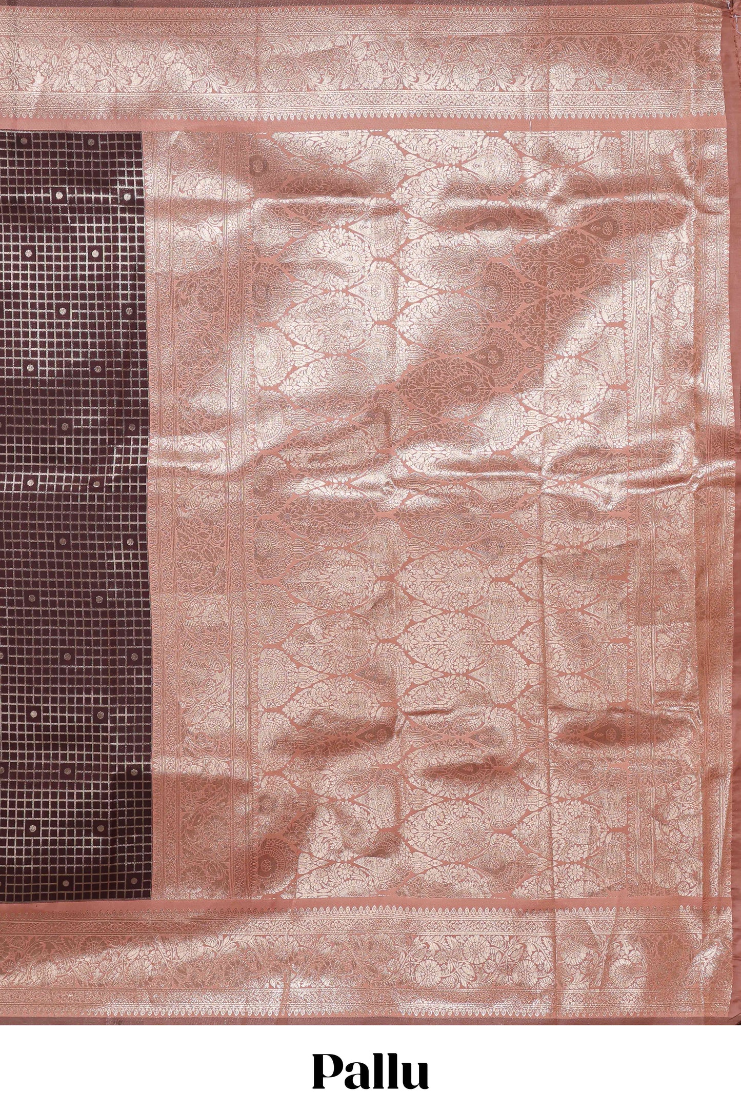Dark brown checked floral motifs design semi soft silk saree with contrast border and blouse