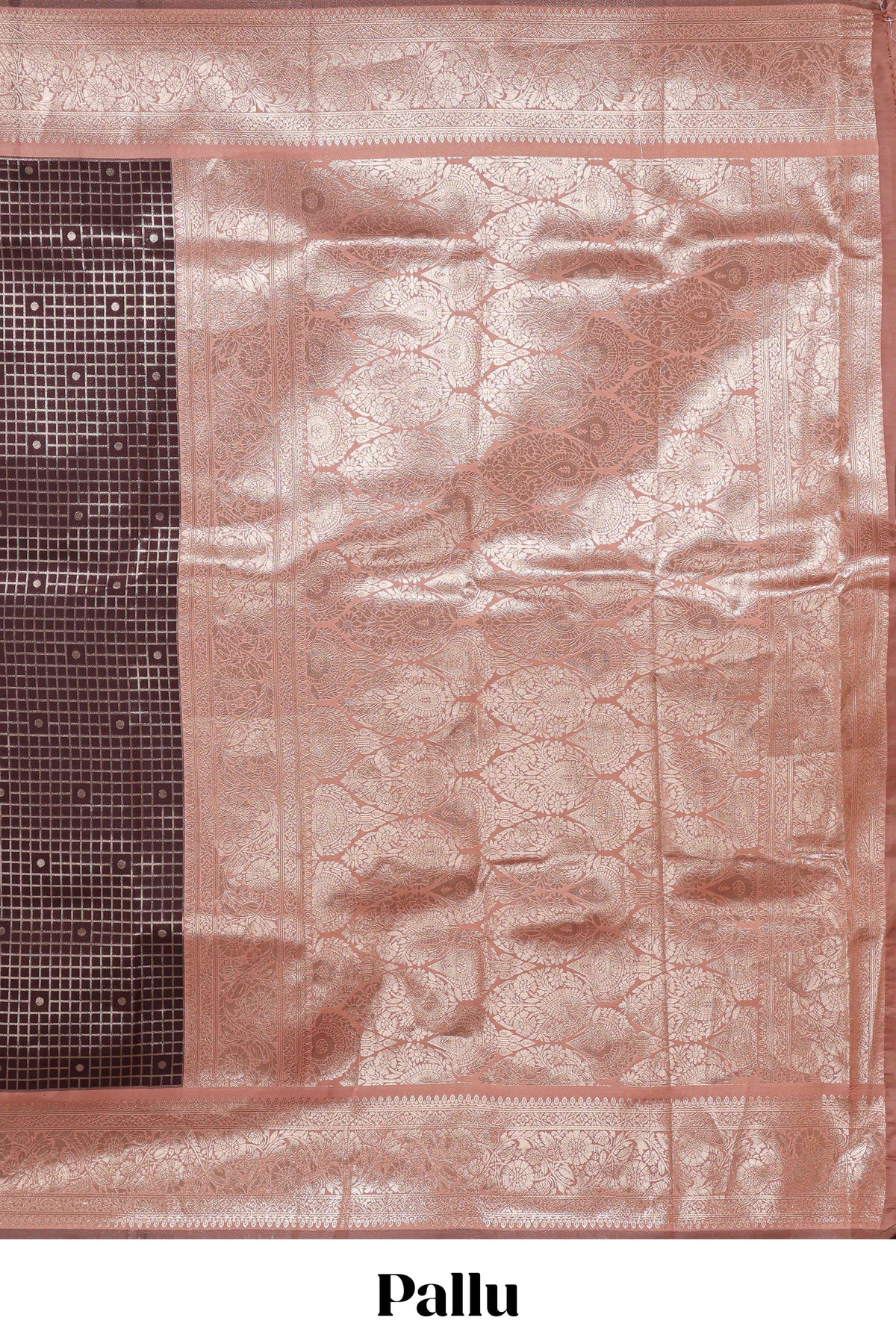 Dark brown checked floral motifs design semi soft silk saree with contrast border and blouse