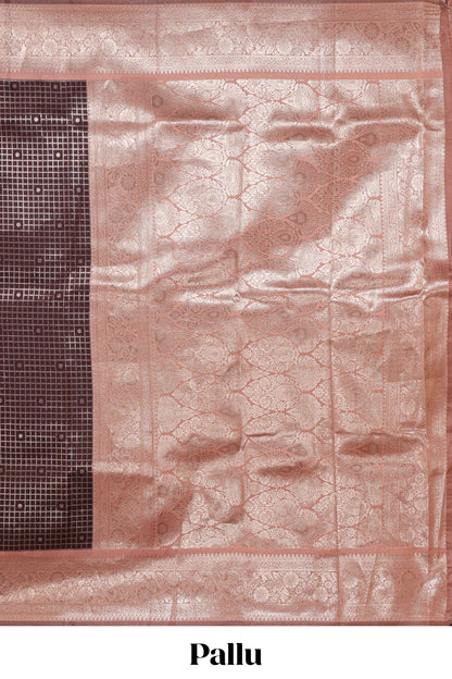 Dark brown checked floral motifs design semi soft silk saree with contrast border and blouse