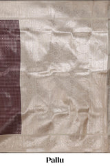 Dark brown checked floral motifs design semi soft silk saree with contrast border and blouse