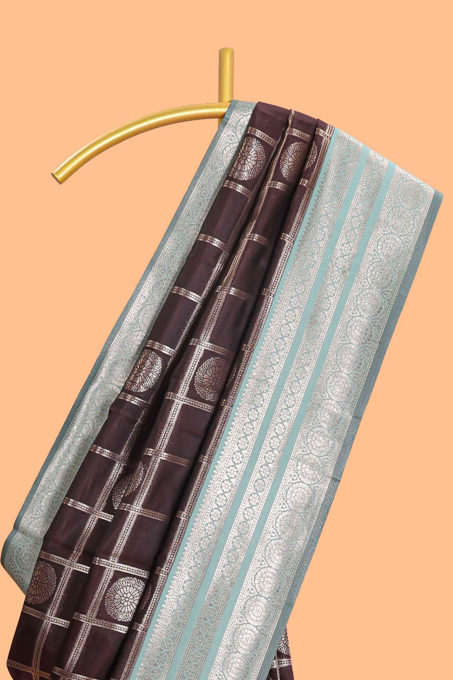 Dark brown checked floral motifs design semi soft silk saree with contrast border and blouse