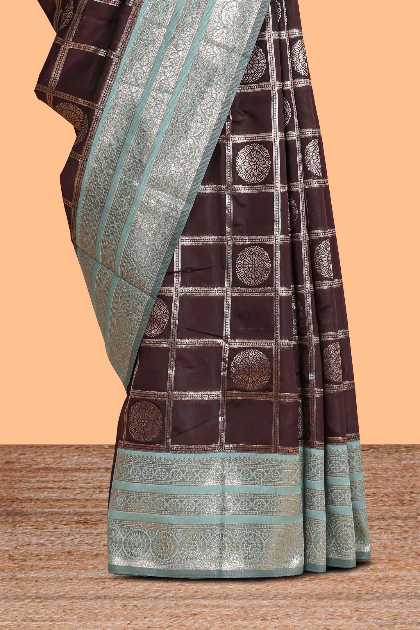 Dark brown checked floral motifs design semi soft silk saree with contrast border and blouse