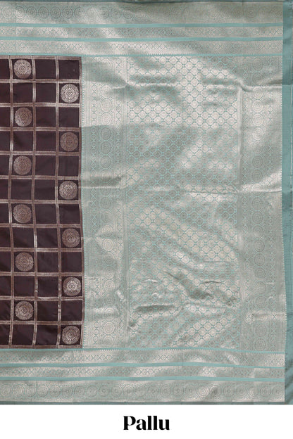 Dark brown checked floral motifs design semi soft silk saree with contrast border and blouse