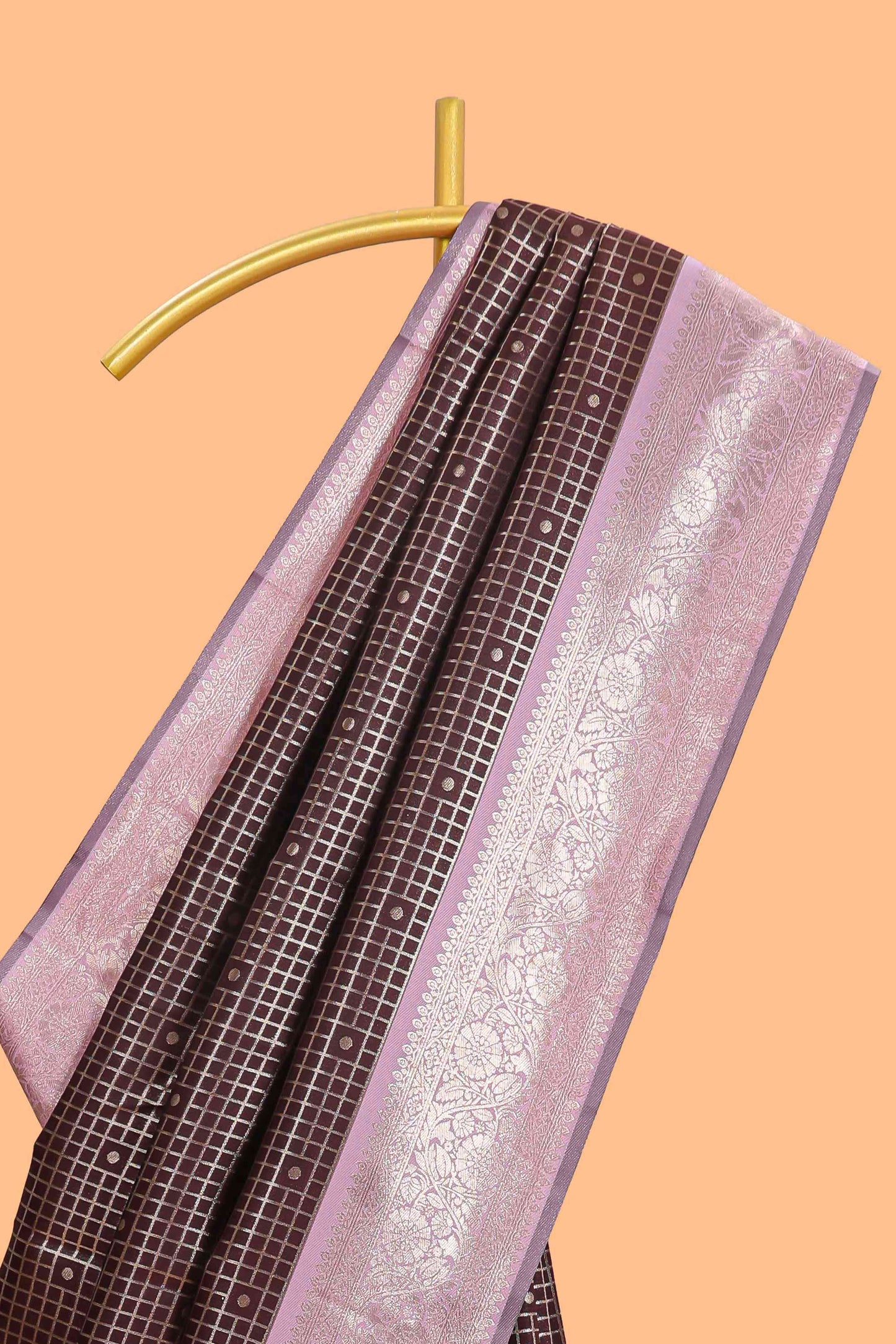 Dark brown checked floral motifs design semi soft silk saree with contrast border and blouse