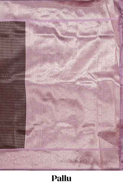 Dark brown checked floral motifs design semi soft silk saree with contrast border and blouse