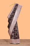 Dark brown checked floral motifs design semi soft silk saree with contrast border and blouse