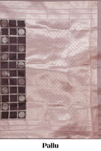 Dark brown checked floral motifs design semi soft silk saree with contrast border and blouse