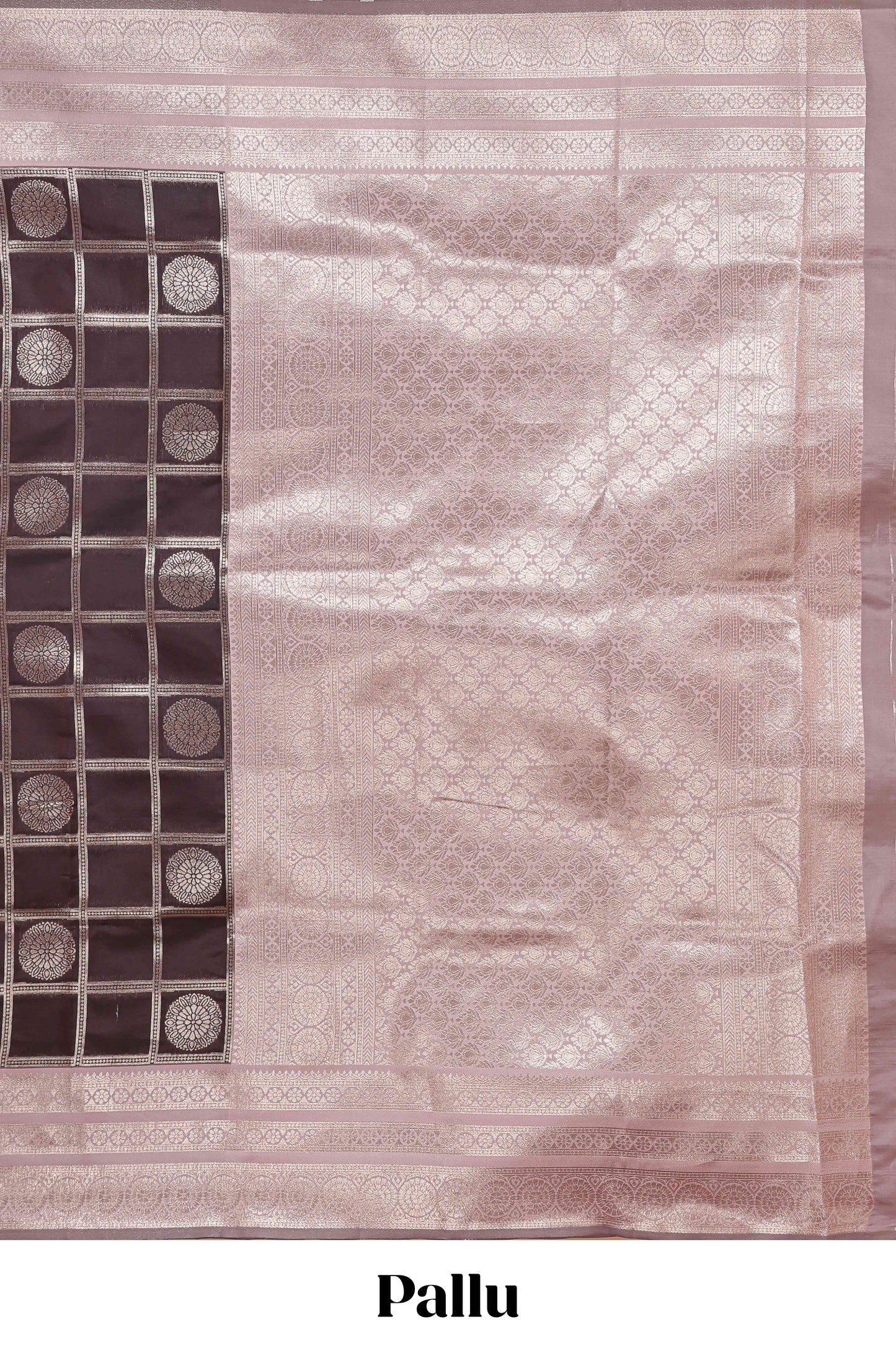 Dark brown checked floral motifs design semi soft silk saree with contrast border and blouse