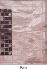 Dark brown checked floral motifs design semi soft silk saree with contrast border and blouse