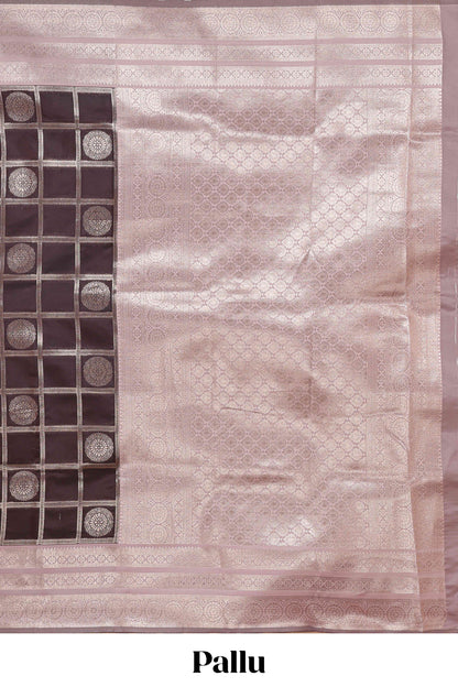 Dark brown checked floral motifs design semi soft silk saree with contrast border and blouse