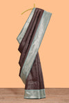 Dark brown checked floral motifs design semi soft silk saree with contrast border and blouse