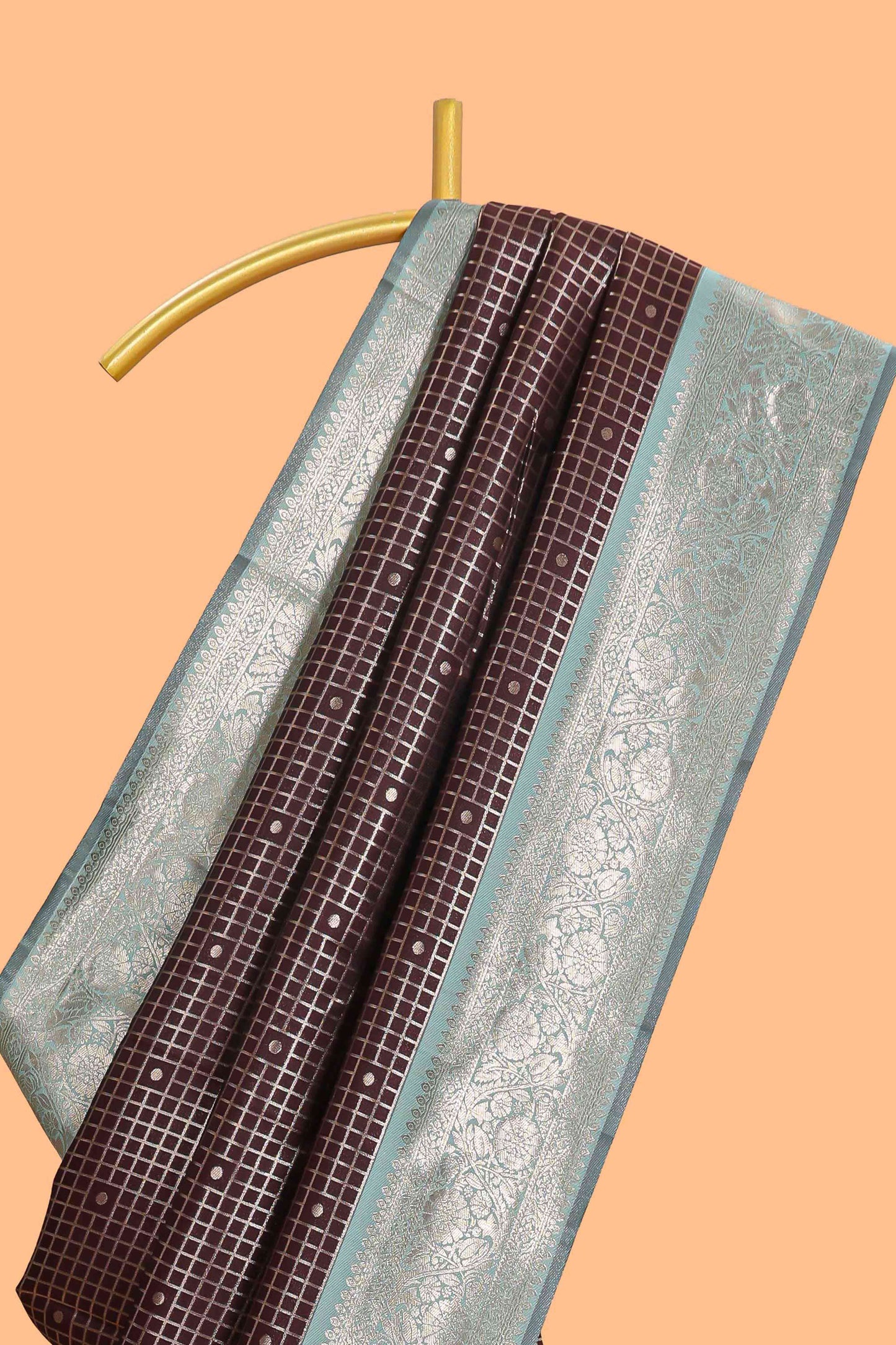 Dark brown checked floral motifs design semi soft silk saree with contrast border and blouse