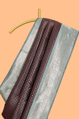 Dark brown checked floral motifs design semi soft silk saree with contrast border and blouse