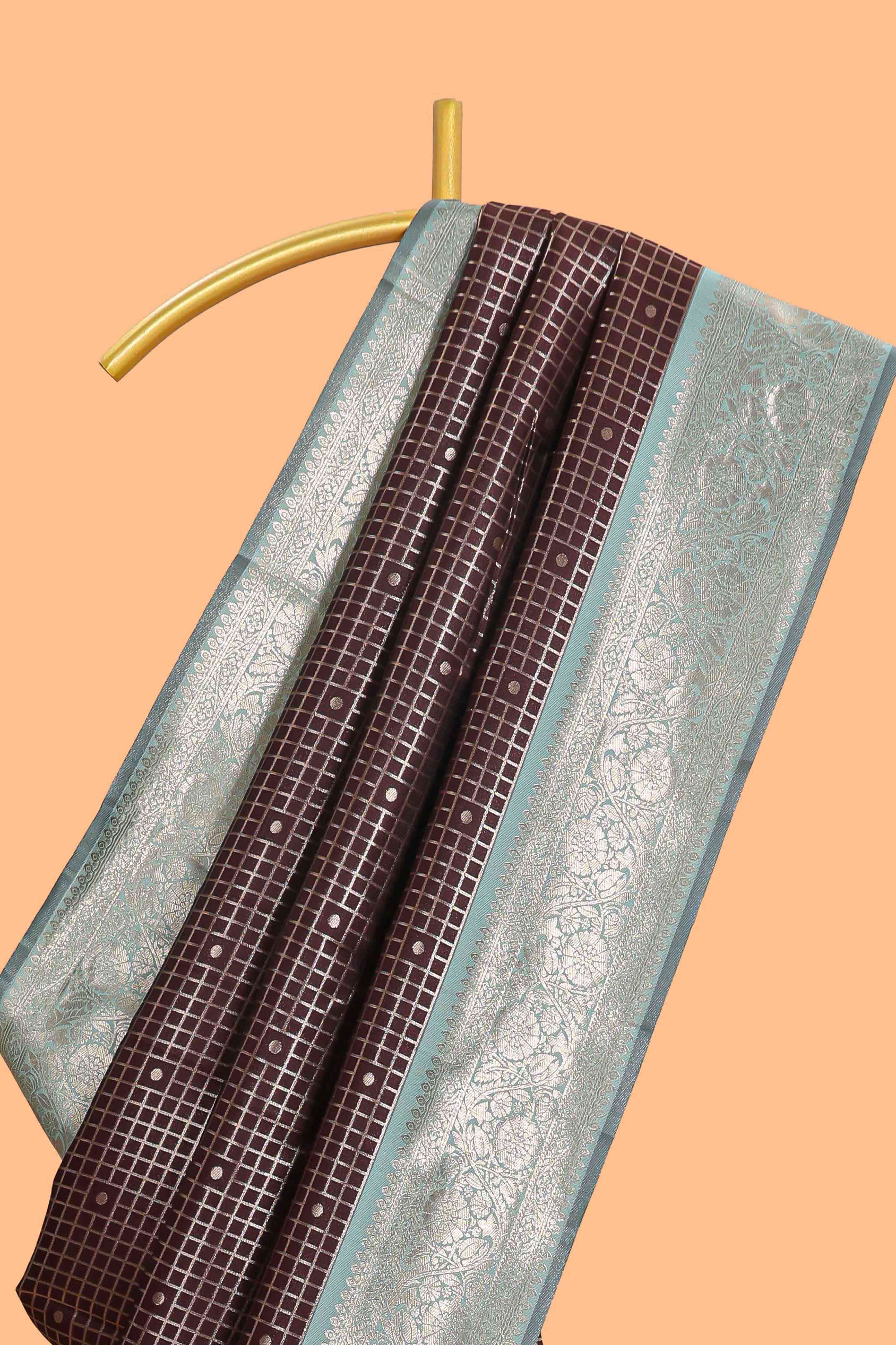 Dark brown checked floral motifs design semi soft silk saree with contrast border and blouse