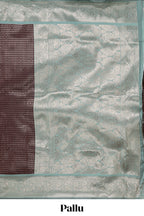 Dark brown checked floral motifs design semi soft silk saree with contrast border and blouse