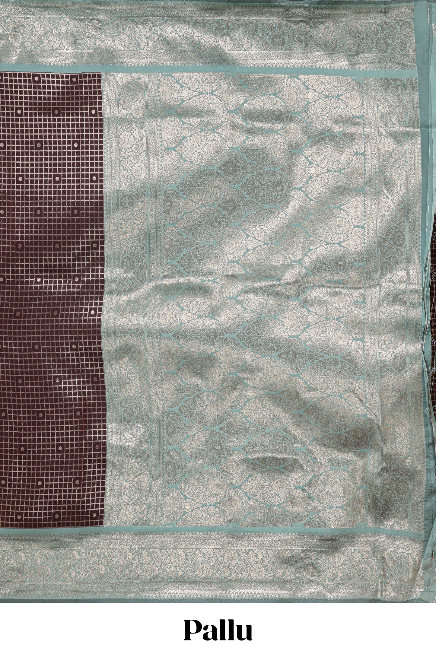 Dark brown checked floral motifs design semi soft silk saree with contrast border and blouse
