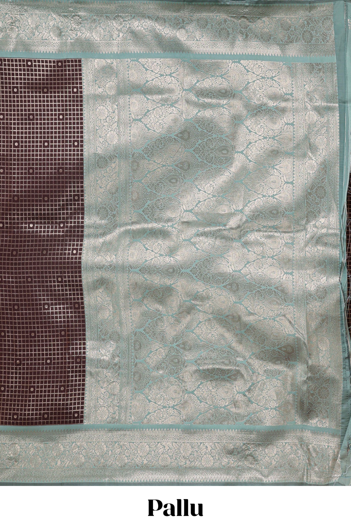 Dark brown checked floral motifs design semi soft silk saree with contrast border and blouse