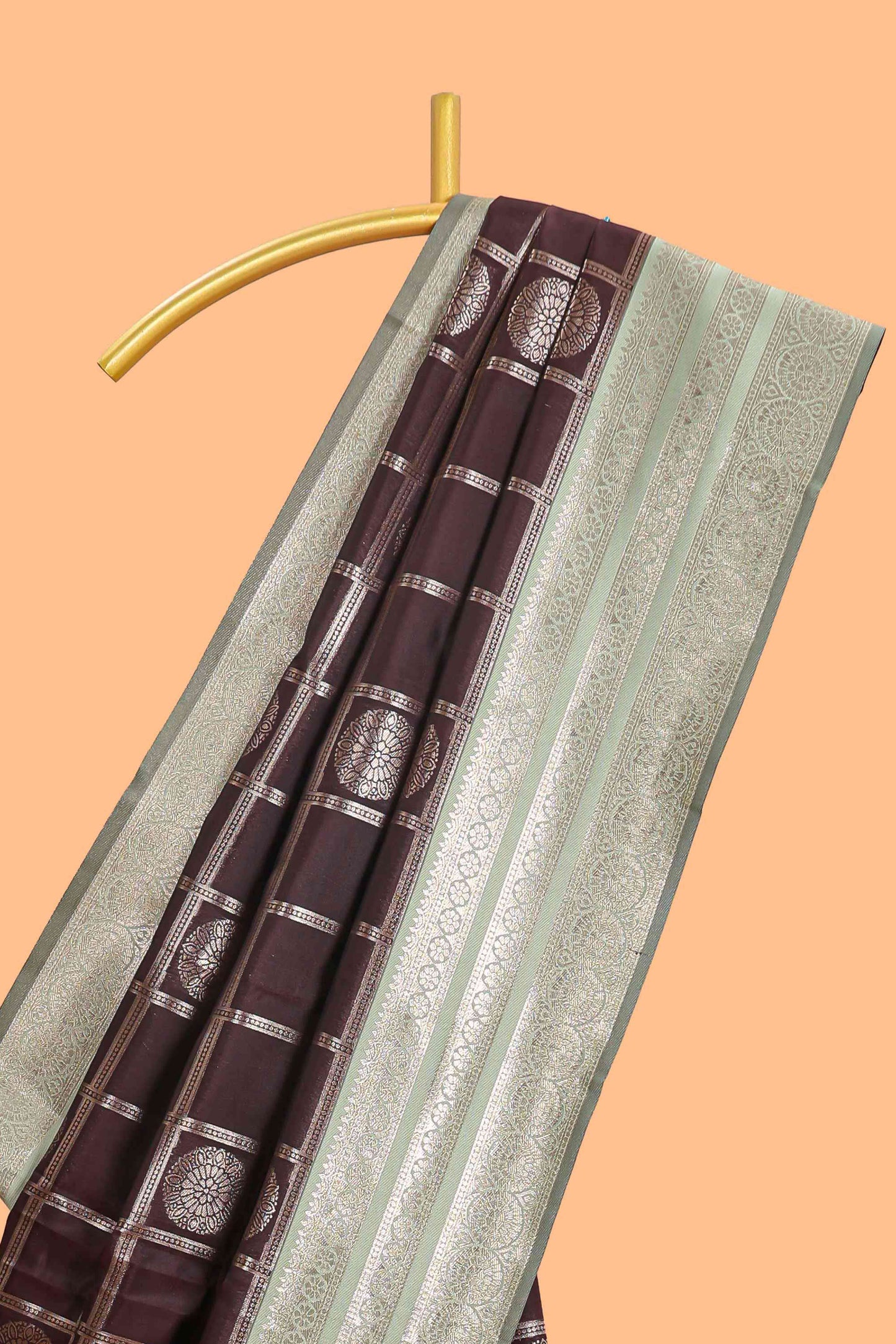 Dark brown checked floral motifs design semi soft silk saree with contrast border and blouse