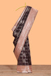 Dark brown checked floral motifs design semi soft silk saree with contrast border and blouse